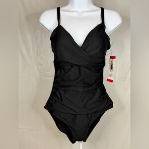 DKNY Black One Piece Swimsuit Medium NWT Ruched Adjustable Straps